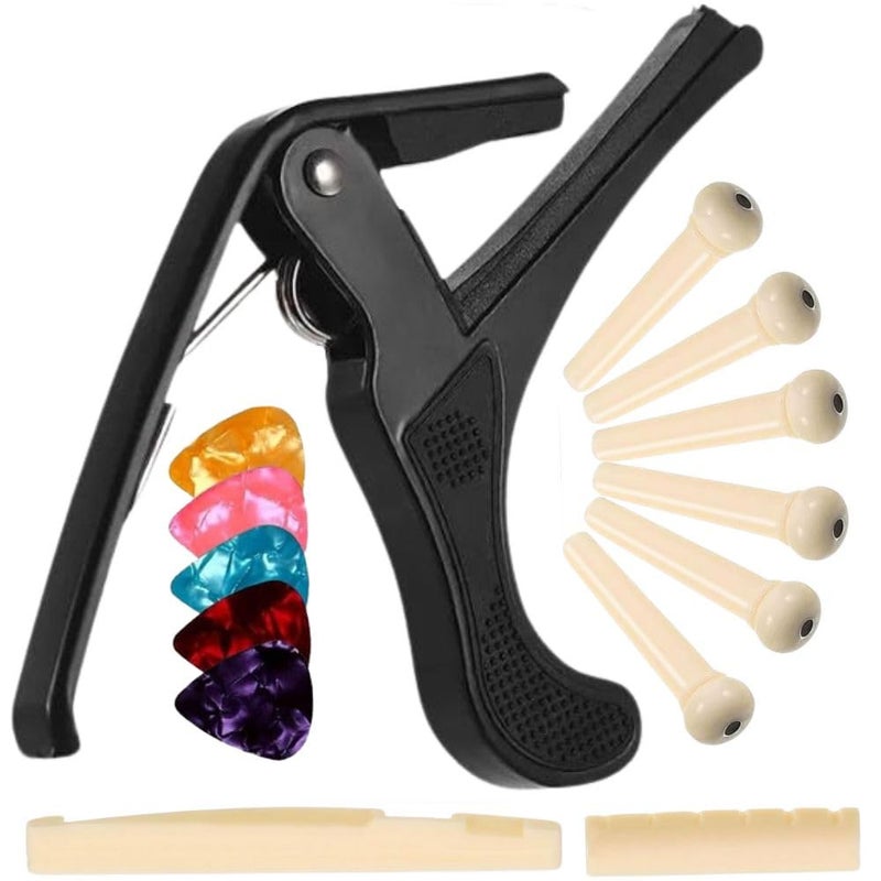 TechBlaze Capo for Acoustic Guitar with Guitar Bridge Pin Combo of Guitar Saddle Set & Capos for Guitar with 5 Colorful Guitar Picks Nut/Saddle/Bridge Pins for Acoustic Guitar - Image 1