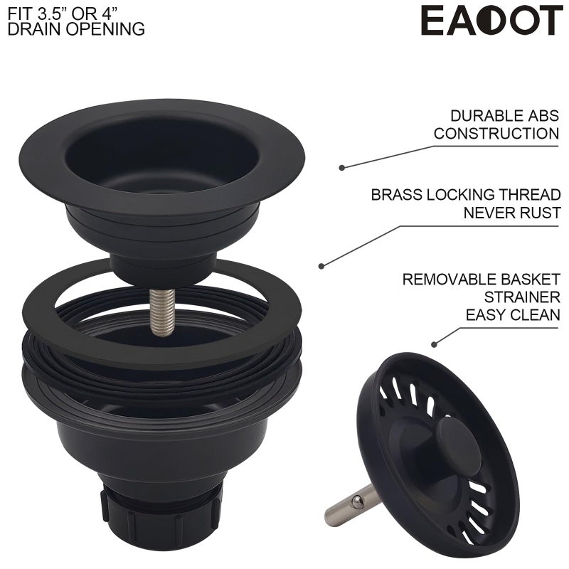 EADOT 3-1/2 Inch Polymer Black Sink Drain Assembly with Basket Strainer and Stopper for Quartz, Granite or Fireclay Kitchen Sinks - Image 5