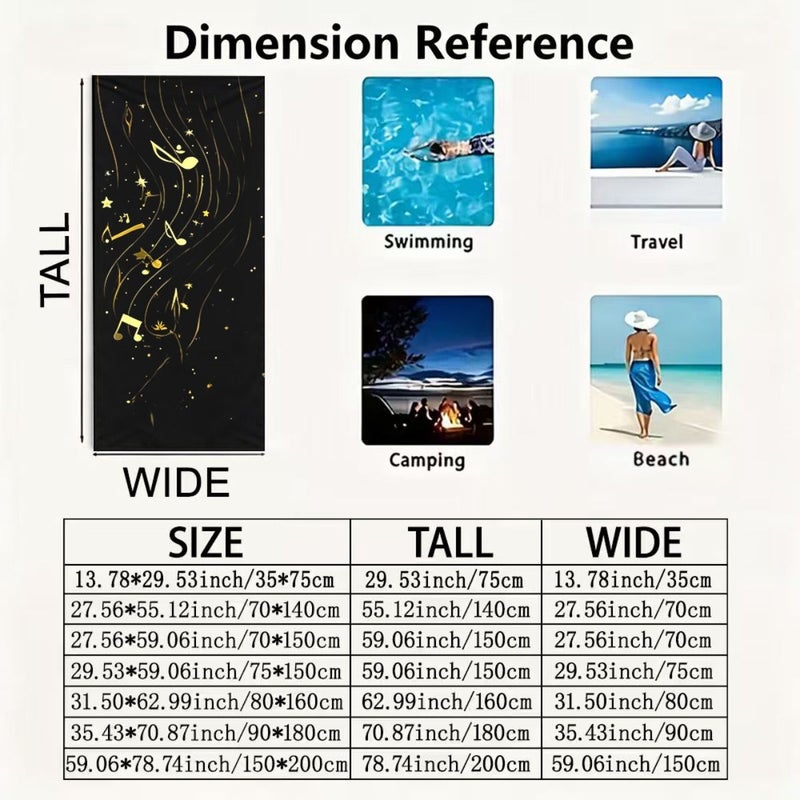 Black Beach Towel With Golden Musical Notes And Stars Design 19.68 59.06 Inch Soft Lightweight Portable Easy To Clean Durable Versatile Machine Washable Unisex For Beach Yoga Surfing Picnic Fitness Valentines Day - Image 3