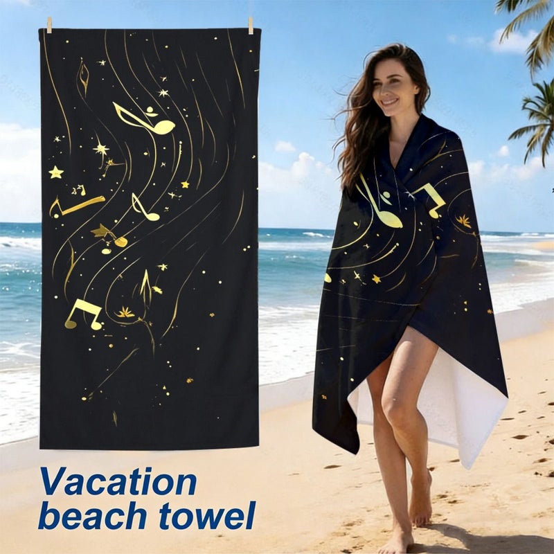 Black Beach Towel With Golden Musical Notes And Stars Design 19.68 59.06 Inch Soft Lightweight Portable Easy To Clean Durable Versatile Machine Washable Unisex For Beach Yoga Surfing Picnic Fitness Valentines Day - Image 1