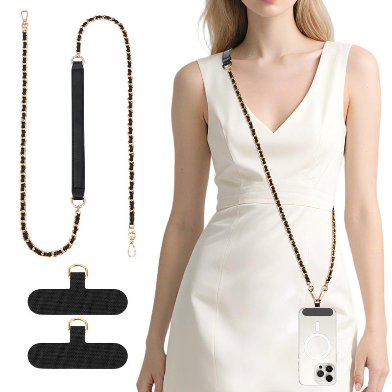 Dadanism Universal Phone Lanyard, Metal Cellphone Chain Crossbody, Anti-Theft Cross Body Phone Strap for iPhone 16, 15 and Most Smartphones, Cellphone Charm for Women Girls, Black & Gold - Image 1