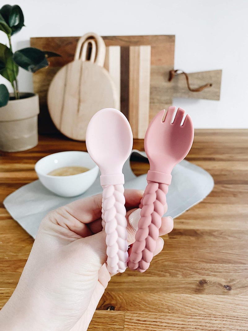 Itzy Ritzy Silicone Spoon & Fork Set; Baby Utensils Featuring a Baby Fork and Spoon with Looped, Braided Handles - Made of 100% Food Grade Silicone & BPA-Free - Ages 6 Months and Up (Pink) - Image 3