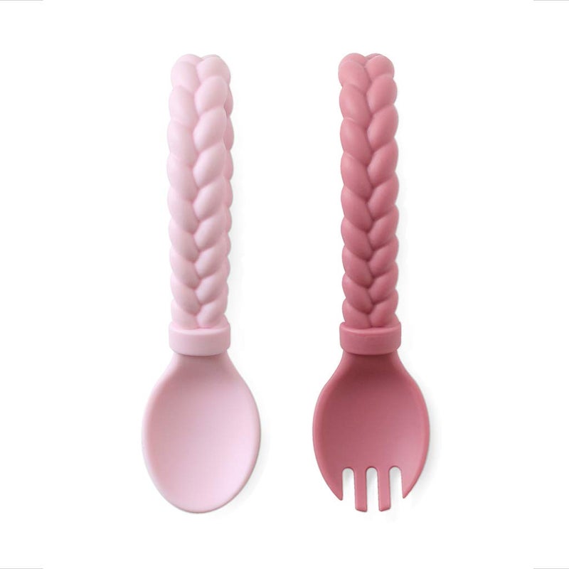 Itzy Ritzy Silicone Spoon & Fork Set; Baby Utensils Featuring a Baby Fork and Spoon with Looped, Braided Handles - Made of 100% Food Grade Silicone & BPA-Free - Ages 6 Months and Up (Pink) - Image 1