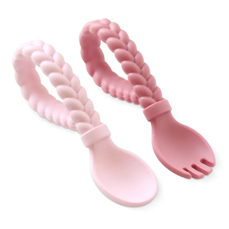 Itzy Ritzy Silicone Spoon & Fork Set; Baby Utensils Featuring a Baby Fork and Spoon with Looped, Braided Handles - Made of 100% Food Grade Silicone & BPA-Free - Ages 6 Months and Up (Pink) - Image 2