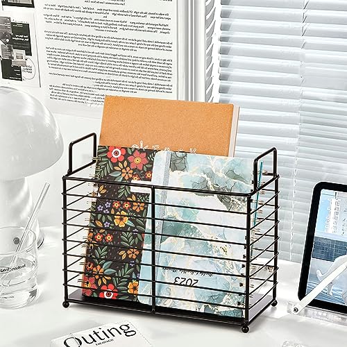 Noamus Metal Magazine Rack, Newspaper Book Tablet Storage Basket, File Holder Mail Organizer Bin with Handles, Iron Wire Black Folder Stand Holder for Home Office Bathroom Bedroom Den Living Room - Image 3