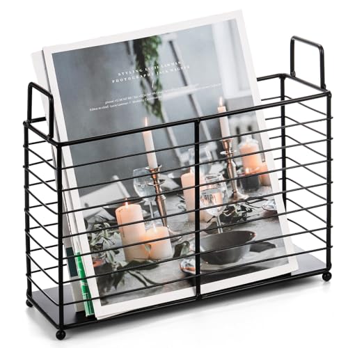 Noamus Metal Magazine Rack, Newspaper Book Tablet Storage Basket, File Holder Mail Organizer Bin with Handles, Iron Wire Black Folder Stand Holder for Home Office Bathroom Bedroom Den Living Room - Image 1