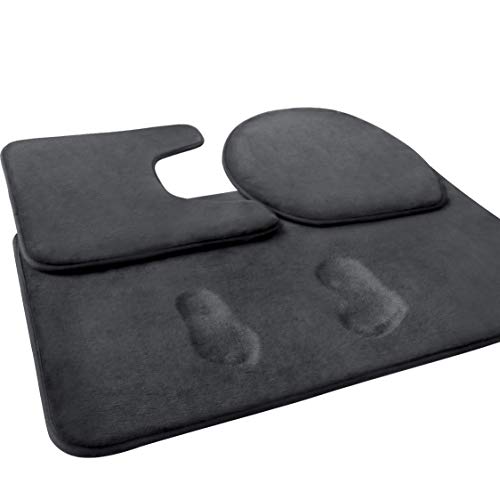 FEELSO Memory Foam Bath Mat Set, 3 Piece Bathroom Rugs Non Slip and Absorbent Mats, 20x31 Inches Floor Mat, 20x22 Inches U-Shaped Contour Rug and Toilet Lid Cover for Tub Shower & Bath Room, Gray - Image 1