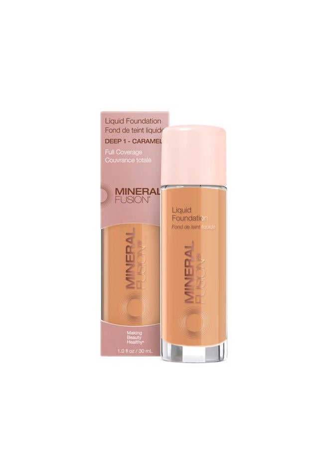 Mineral Fusion Full Coverage Foundation, Liquid Foundation - Deep 1- Tan to Deep Complexion w/Golden Undertones, Lightweight Matte Finish, Up to 12 Hr Hydration, Hypoallergenic & Vegan, 1 fl. oz - Image 1