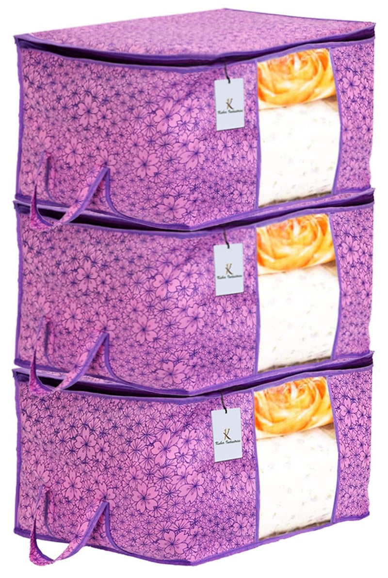Kuber Industries Metallic Flower Design Non Woven 3 Pieces Underbed Storage Bag Storage Organiser Blanket Cover Pink Purple CTKTC034564 - Image 1