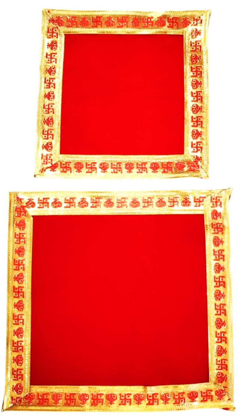 BERRYCRAVE RED Fine Velvet Cloth 2 Pooja Chowki Asan for God Idols Puja Aasan for Ladoo Gopal Ganesha GaneshJI Idols ZARI Border One Each 10 X 10 Inch and 12 X 12 Inch - Image 1
