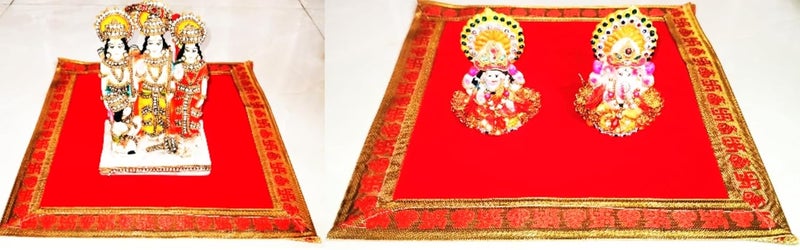 BERRYCRAVE RED Fine Velvet Cloth 2 Pooja Chowki Asan for God Idols Puja Aasan for Ladoo Gopal Ganesha GaneshJI Idols ZARI Border One Each 10 X 10 Inch and 12 X 12 Inch - Image 2