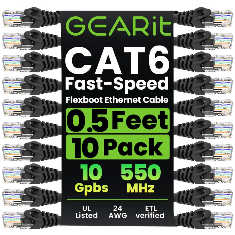 GEARit 10-Pack Cat6 Patch Cable 0.5 Foot / 6 Inches Cat 6 Ethernet Cable Snagless Flexible Soft Tab - Premium Series - Black - Image 1