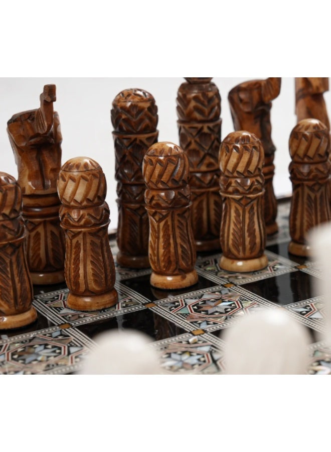 Handmade Full Wooden Chess Set with Hand-Carved Pieces Inlaid with Natural & Australian Mother of Pearl, Multicolor - Size 40x40 cm - Image 3