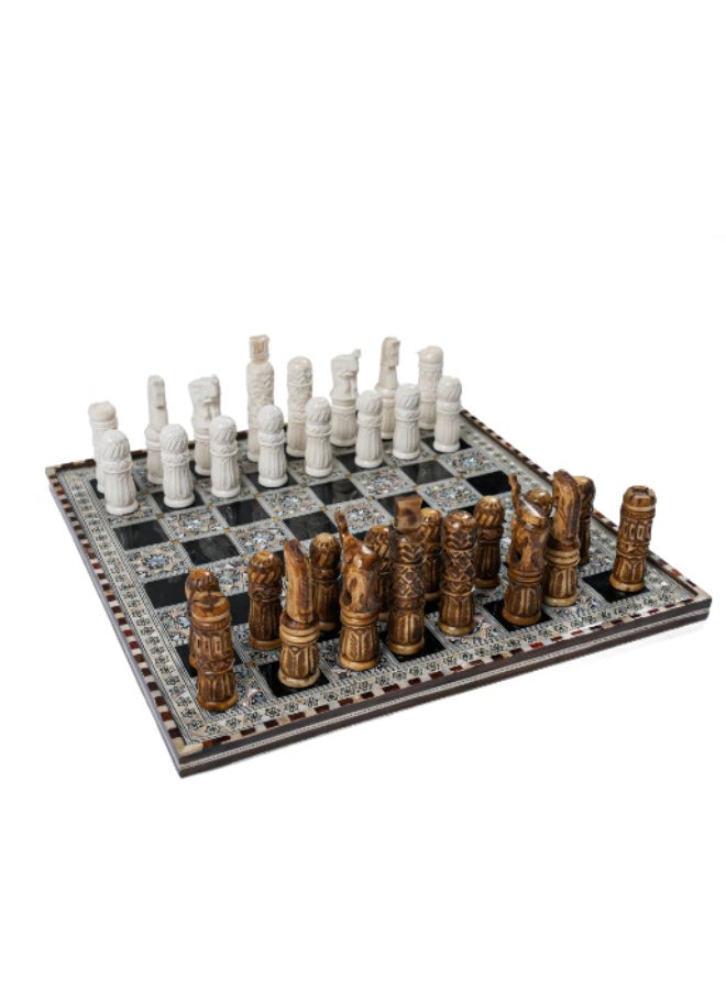 Handmade Full Wooden Chess Set with Hand-Carved Pieces Inlaid with Natural & Australian Mother of Pearl, Multicolor - Size 40x40 cm - Image 1
