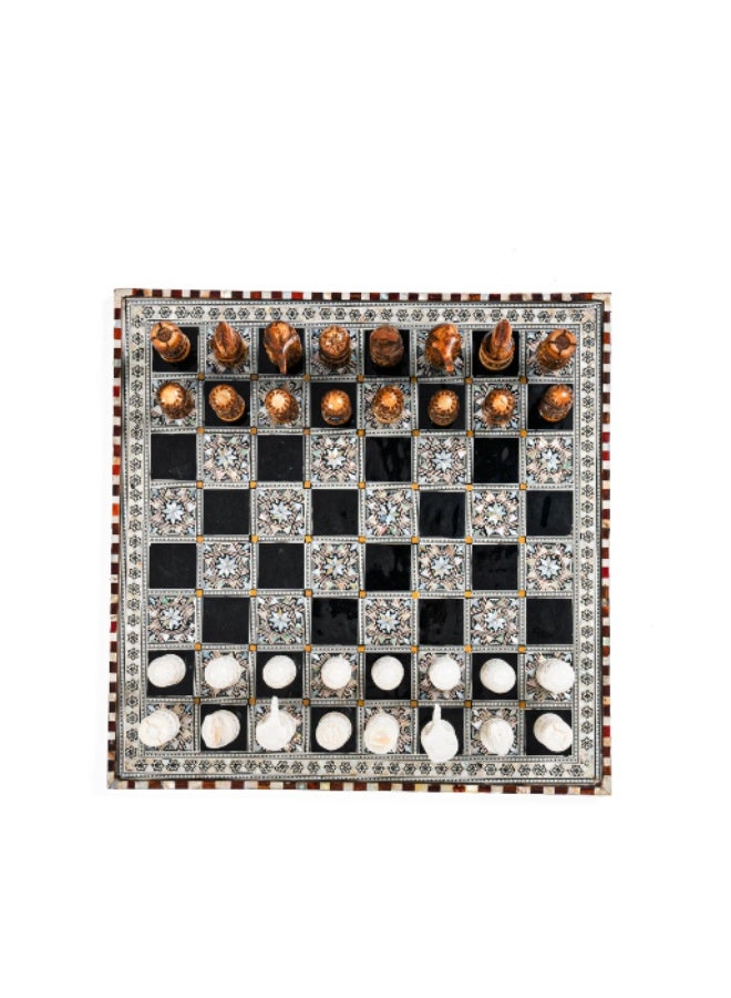 Handmade Full Wooden Chess Set with Hand-Carved Pieces Inlaid with Natural & Australian Mother of Pearl, Multicolor - Size 40x40 cm - Image 2