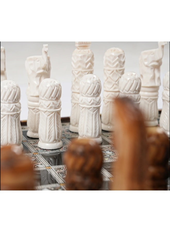 Handmade Full Wooden Chess Set with Hand-Carved Pieces Inlaid with Natural & Australian Mother of Pearl, Multicolor - Size 40x40 cm - Image 4