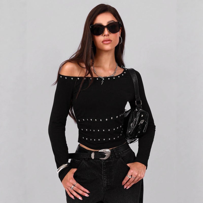 Women's Asymmetric Neck T-Shirt with Metal Trim and Studs - Image 4