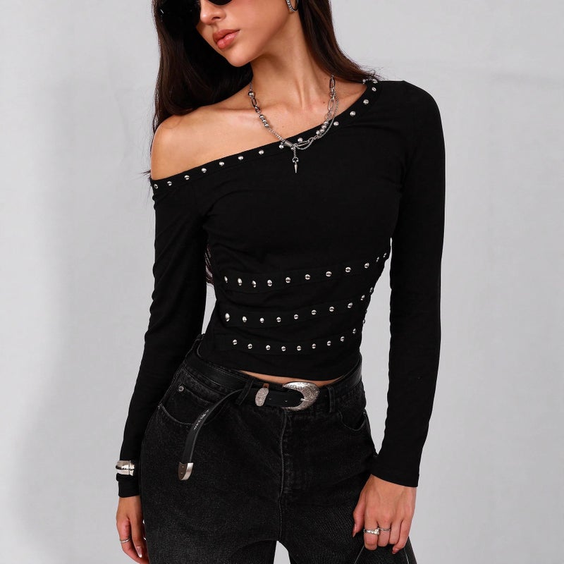 Women's Asymmetric Neck T-Shirt with Metal Trim and Studs - Image 2