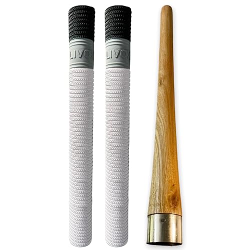 LIVOX Comfortable Fit Ultra Tacky Cricket Bat Handle Rubber Grip with Cone for Better Shock Absorbing Cricket Accessories Gripper Cone, 2 Grips and 1 Wooden Cone - Image 1