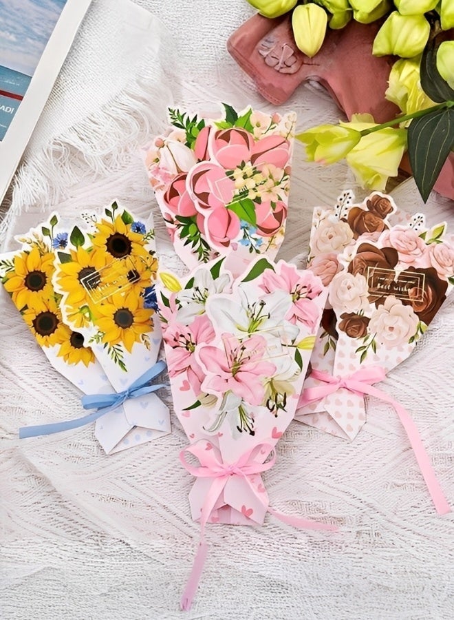 4 قطع بطاقات تهنئة بطاقة تهنئة ثلاثية الأبعاد على شكل باقة زهور لهدية عيد الميلاد هدية عيد الأم هدية زفاف عيد الفطر بطاقة هدايا متينة وصلبة من الورق المقوى - Image 1