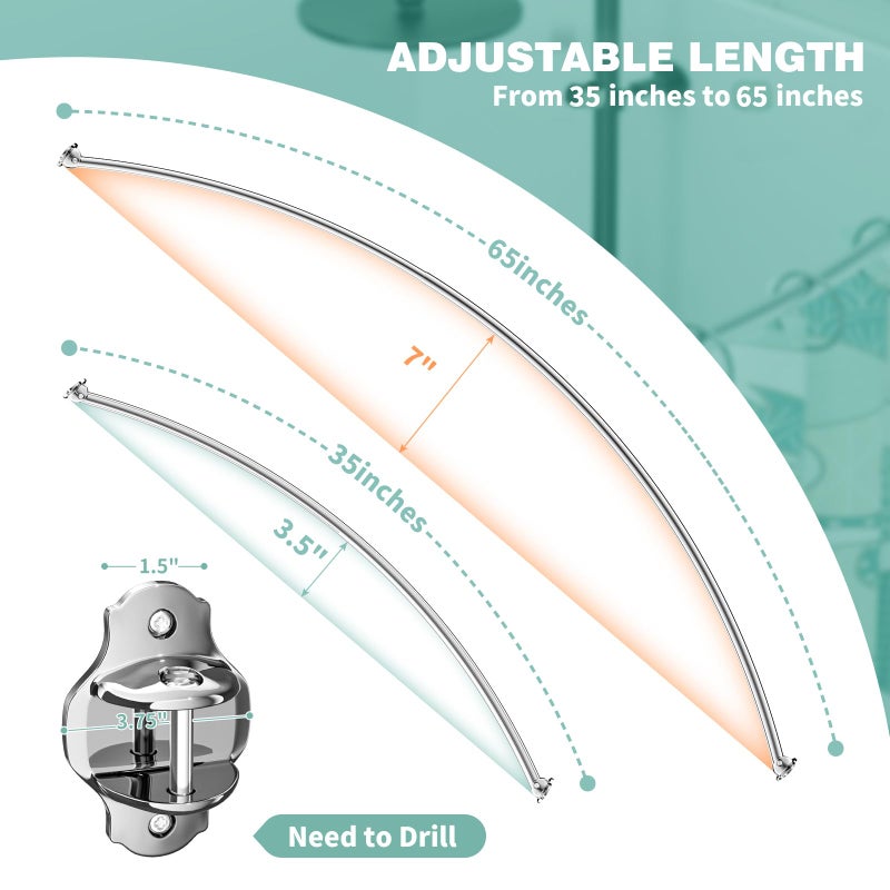 Mcrbeay Curved Shower Curtain Rod, Adjustable 35-65 inches Extra Wide Curved Shower Rods for Bathroom, Rust proof Shower Rod, Premium Stainless Steel Curved Curtain Rod for Shower, Bathtub, Silver - Image 4