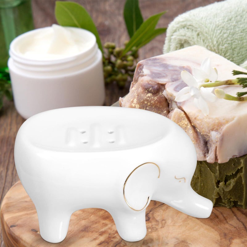 White Ceramic Elephant Soap Dish With Drainage Tray - Image 5