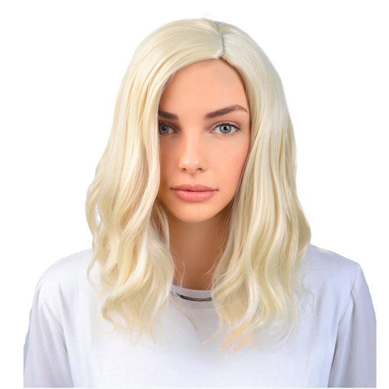BERON Blonde Wigs 14 Inch/35 cm Women Girls Short Curly Wavy Side Part Hair Wig Light Blond Color Shoulder Costume Cosplay or Daily Used Wigs Rose Net with Wig Cap