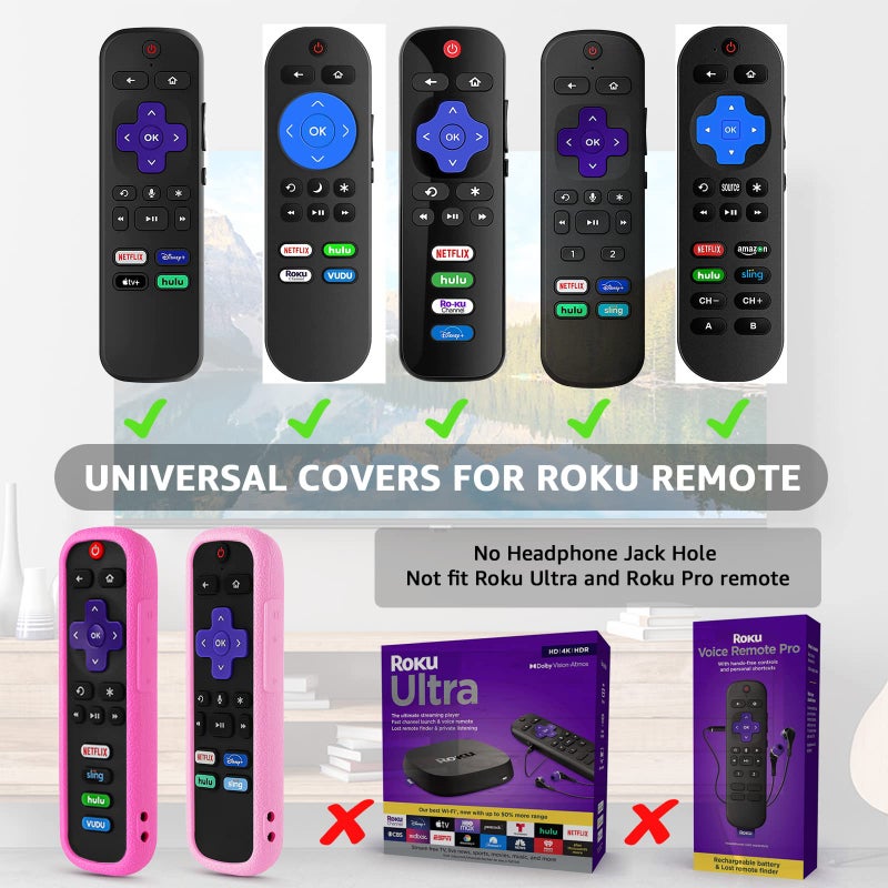 ONEBOM (2 Pack) Case for Roku Remote, Cover for Hisense/TCL Roku TV Steaming Stick/Express Universal Replacement Controller Silicone Sleeve Skin Glow in The Dark(Glow Pink+Rose Red) - Image 2