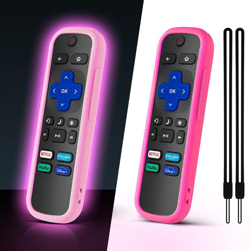 ONEBOM (2 Pack) Case for Roku Remote, Cover for Hisense/TCL Roku TV Steaming Stick/Express Universal Replacement Controller Silicone Sleeve Skin Glow in The Dark(Glow Pink+Rose Red) - Image 1