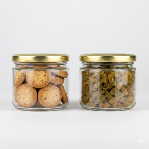 MACHAK Round Glass Jar Kitchen Storage Container With Rust Proof Air tight Metal Cap, 350ml, Clear (2) - Image 1