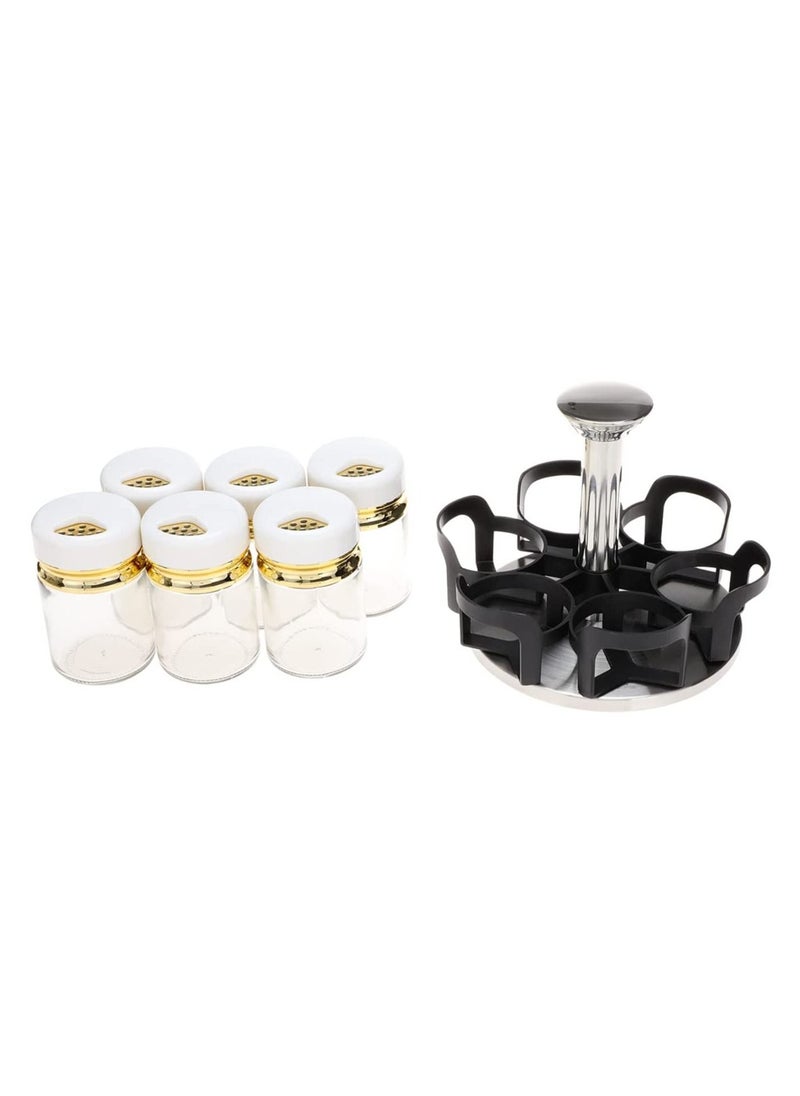 Revolving Spice Rack Organizer, Spinning Countertop Spice Rack Organizer with 6 Glass Jar Bottles Set for Herbs, Salt and Pepper, Glass Condiment Set with 360°Rotating Holder