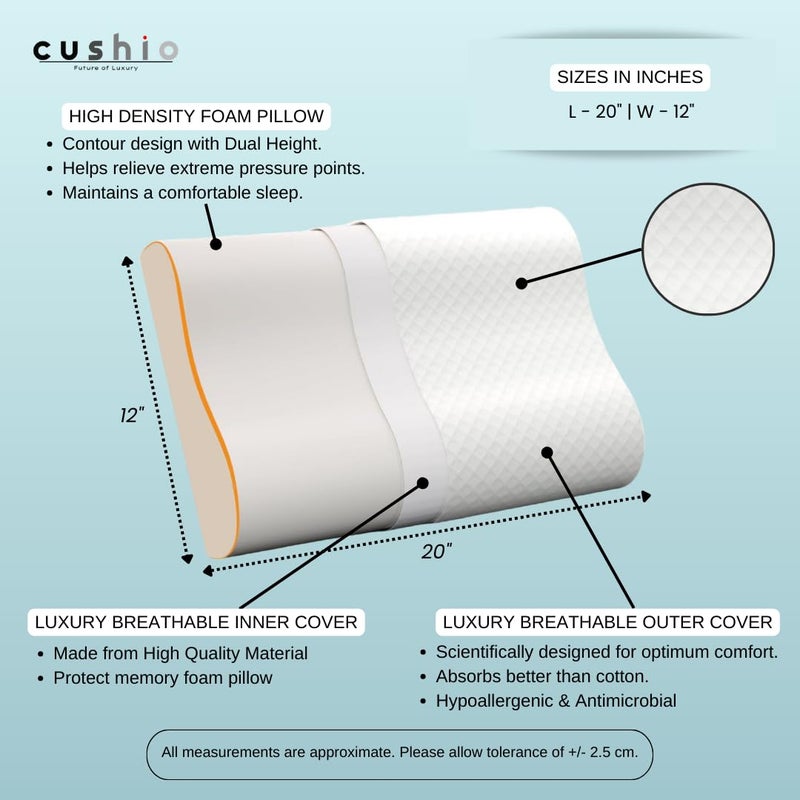 CUSHIO Cervical Contour Memory Foam Pillow (Pack of 4) - Orthopedic Pillow for Neck Pain Relief with Dual Height - Removable Zipper Cover (Standard Size 20"x12") - Image 3