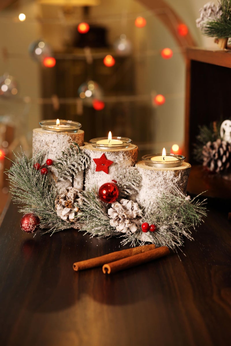 LABZIO Wooden Log Candle Holder for Christmas | Triple Glass Tealight Stand with Snow-Frosted Pinecones, Red Festive Accents & Star Decor | Perfect Xmas Table Centerpiece & Holiday Decoration - Image 1
