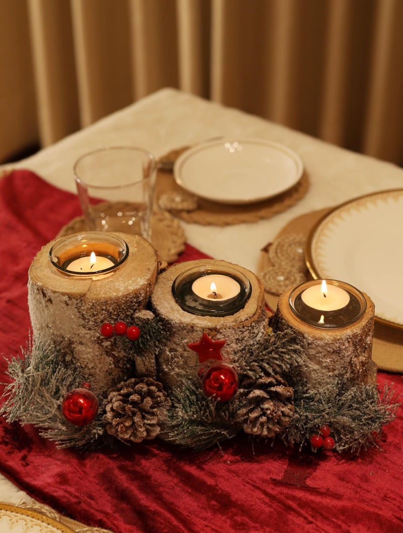 LABZIO Wooden Log Candle Holder for Christmas | Triple Glass Tealight Stand with Snow-Frosted Pinecones, Red Festive Accents & Star Decor | Perfect Xmas Table Centerpiece & Holiday Decoration - Image 3