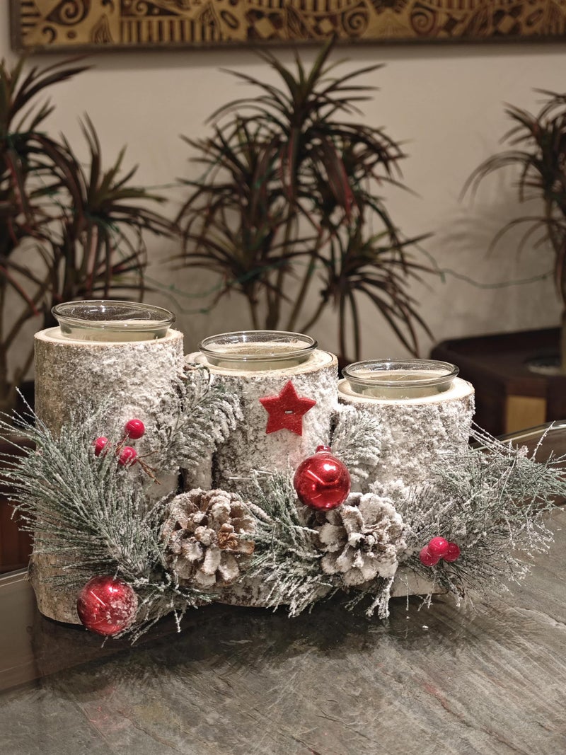 LABZIO Wooden Log Candle Holder for Christmas | Triple Glass Tealight Stand with Snow-Frosted Pinecones, Red Festive Accents & Star Decor | Perfect Xmas Table Centerpiece & Holiday Decoration - Image 4