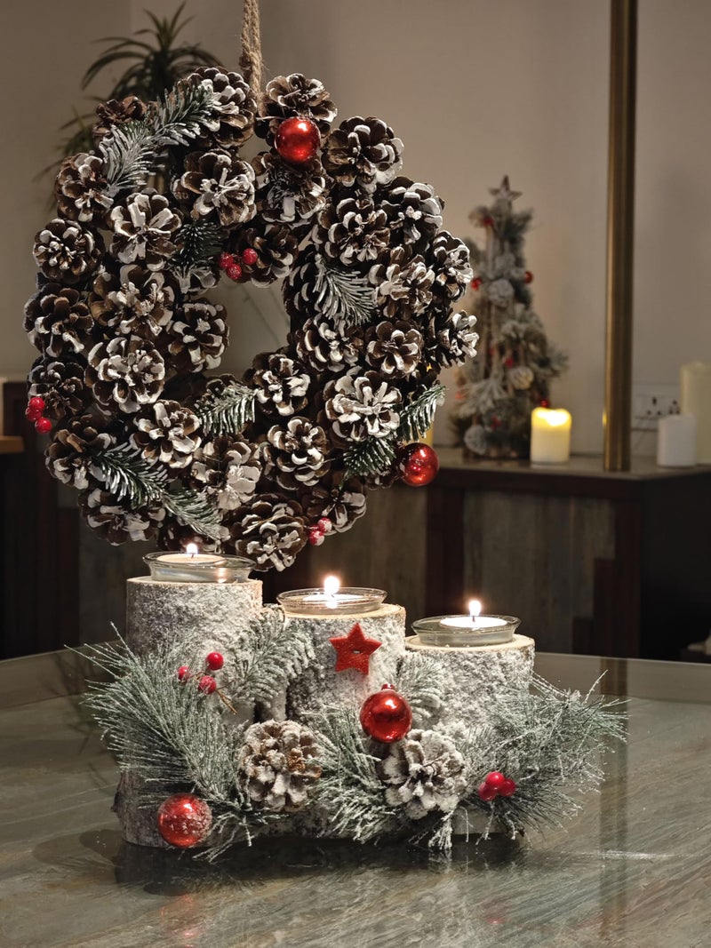 LABZIO Wooden Log Candle Holder for Christmas | Triple Glass Tealight Stand with Snow-Frosted Pinecones, Red Festive Accents & Star Decor | Perfect Xmas Table Centerpiece & Holiday Decoration - Image 5