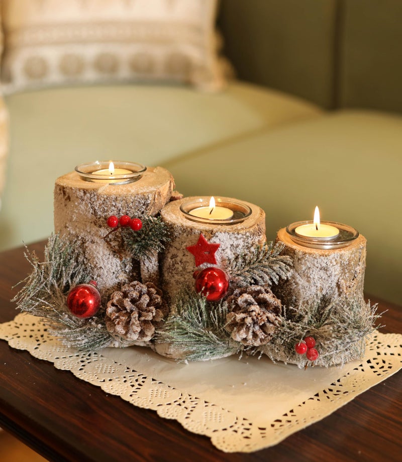 LABZIO Wooden Log Candle Holder for Christmas | Triple Glass Tealight Stand with Snow-Frosted Pinecones, Red Festive Accents & Star Decor | Perfect Xmas Table Centerpiece & Holiday Decoration - Image 2