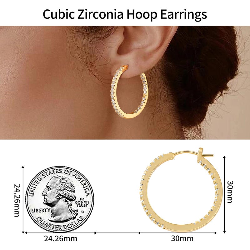 Gacimy 14K Gold Plated Hoop Earrings for Women, 30mm Cubic Zirconia Hoop Earrings with 925 Sterling Silver Post - Image 2