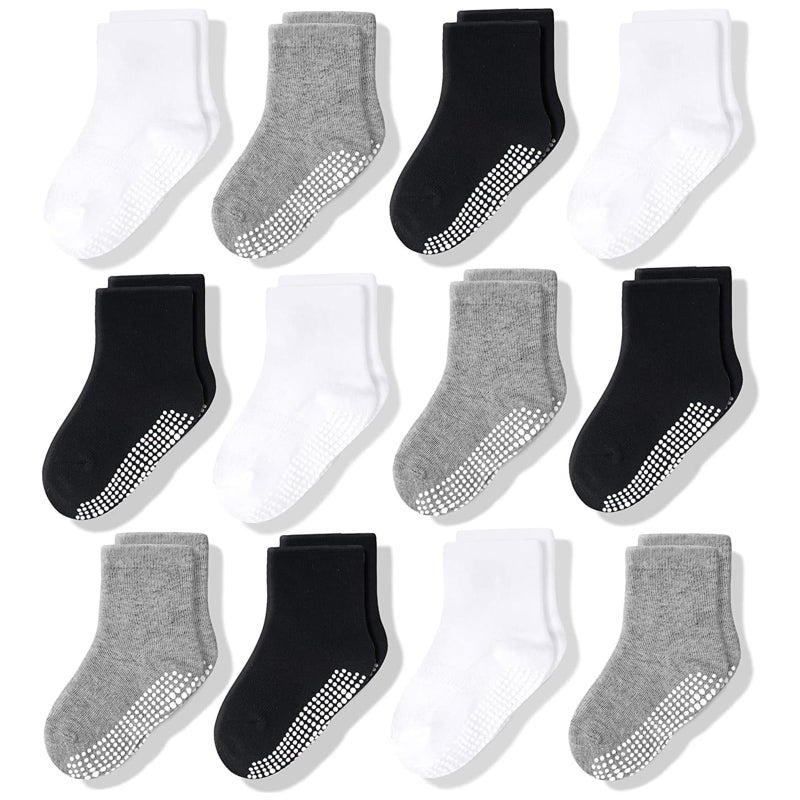 CozyWay Toddler Socks with Non-Slip Grippers - Grippy Cotton Socks for Toddlers - Crew & Ankle Styles for Boys & Girls - 1T-3T, Black White Gray, 12 Pack - Image 1