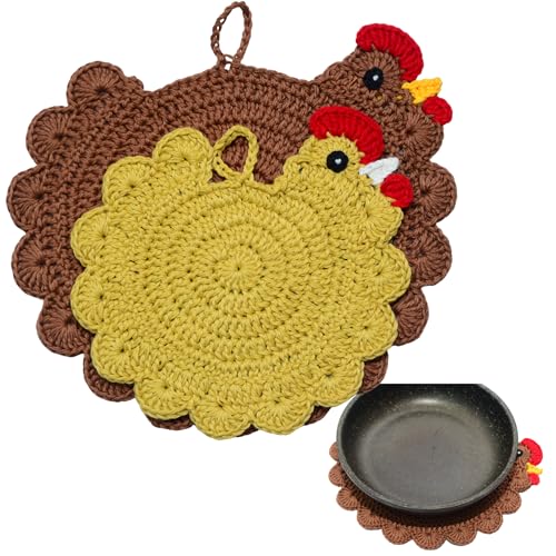 RucaDeco Handmade Crochet Chicken Trivets Set of 2, Chicken-Gifts, Mothers Day, Pot Holders, Heat Resistant Farmhouse Kitchen Home Decor, Cooking, Baking, Cute Desk Accessories, Tabletop Protection (2pcs) - Image 1