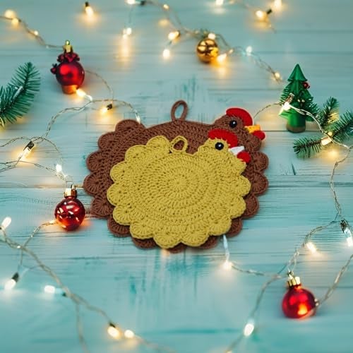 RucaDeco Handmade Crochet Chicken Trivets Set of 2, Chicken-Gifts, Mothers Day, Pot Holders, Heat Resistant Farmhouse Kitchen Home Decor, Cooking, Baking, Cute Desk Accessories, Tabletop Protection (2pcs) - Image 2