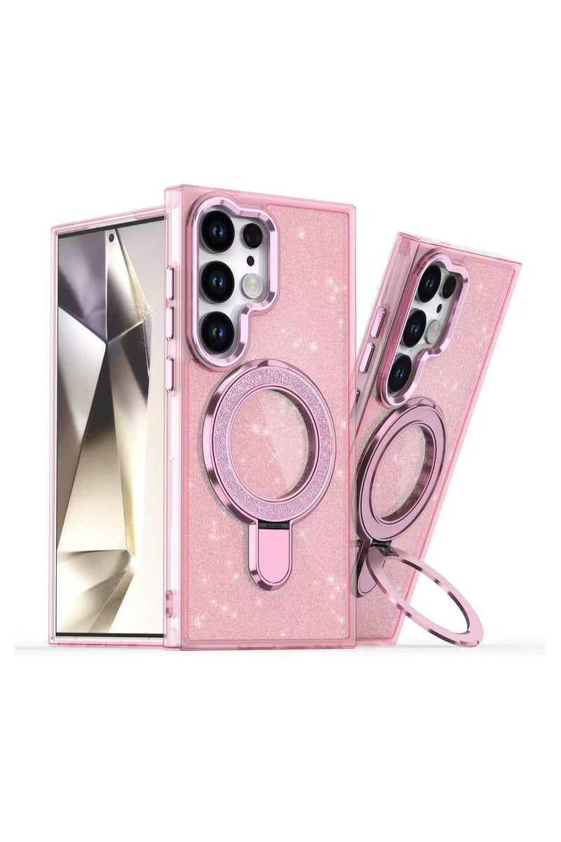 Case Compatible with Samsung Galaxy S24 Ultra Magnetic Glitter Case,Luxury Bling Rhinestone Clear TPU Bumper Case,wireless charger ring stand shine Cover for Women Girls (Shiny Pink) - Image 1