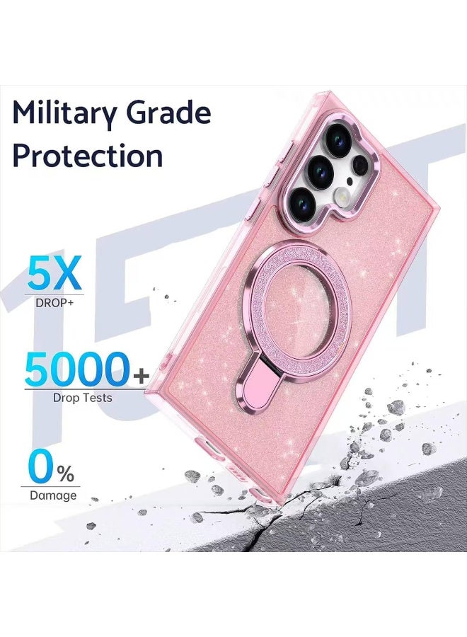 Case Compatible with Samsung Galaxy S24 Ultra Magnetic Glitter Case,Luxury Bling Rhinestone Clear TPU Bumper Case,wireless charger ring stand shine Cover for Women Girls (Shiny Pink) - Image 4