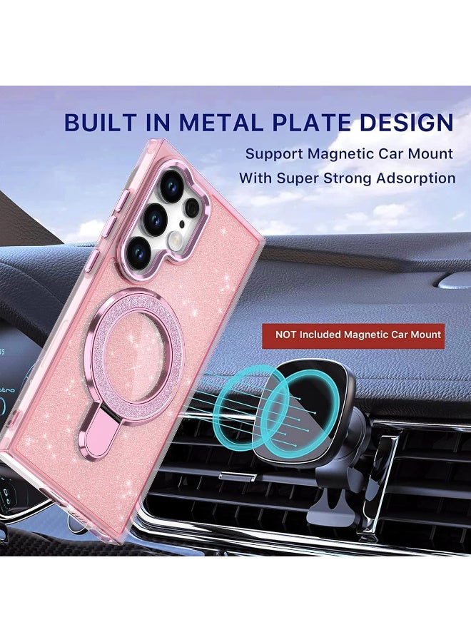 Case Compatible with Samsung Galaxy S24 Ultra Magnetic Glitter Case,Luxury Bling Rhinestone Clear TPU Bumper Case,wireless charger ring stand shine Cover for Women Girls (Shiny Pink) - Image 3