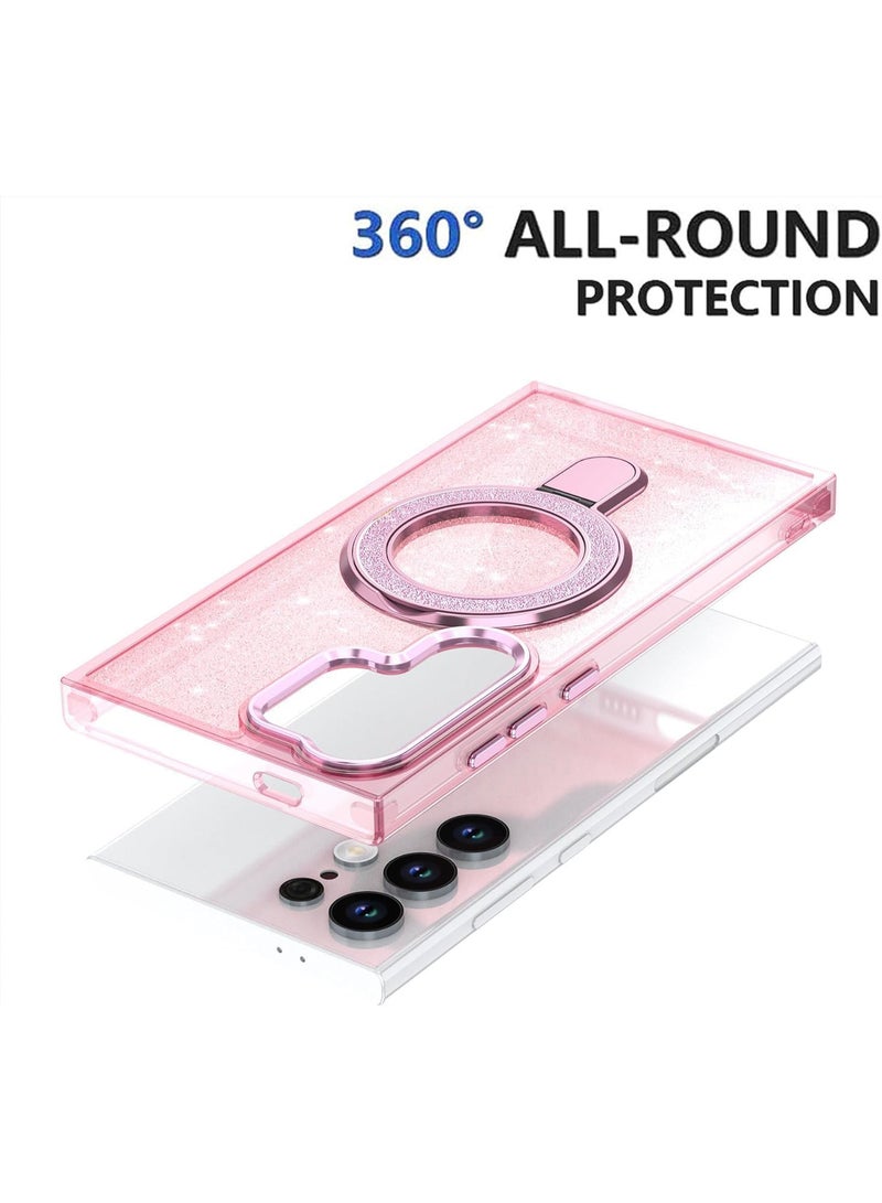 Case Compatible with Samsung Galaxy S24 Ultra Magnetic Glitter Case,Luxury Bling Rhinestone Clear TPU Bumper Case,wireless charger ring stand shine Cover for Women Girls (Shiny Pink) - Image 2