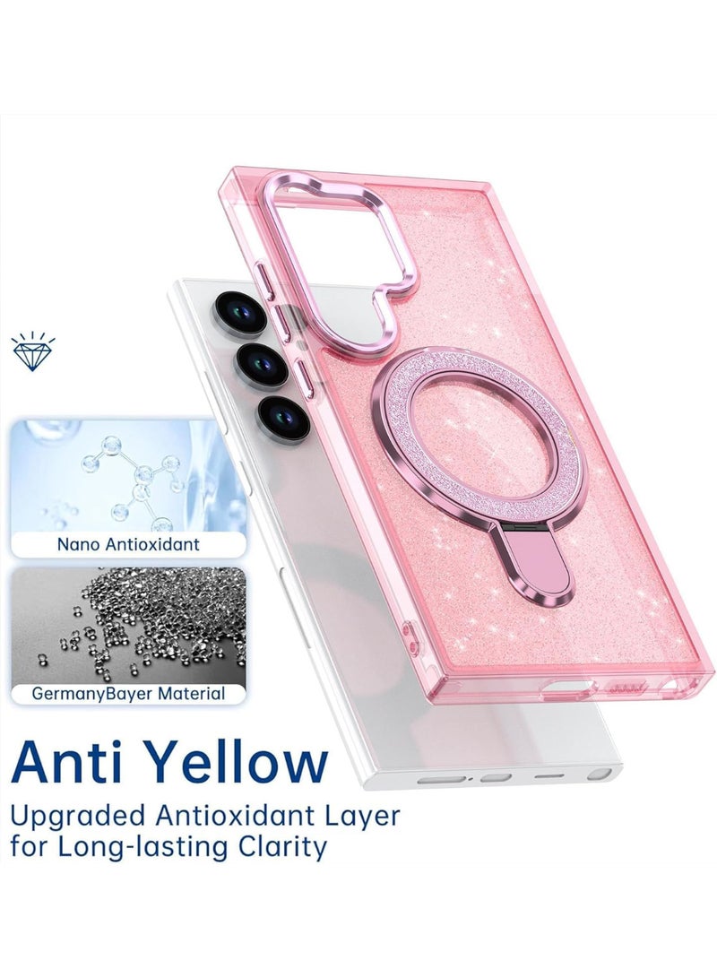 Case Compatible with Samsung Galaxy S24 Ultra Magnetic Glitter Case,Luxury Bling Rhinestone Clear TPU Bumper Case,wireless charger ring stand shine Cover for Women Girls (Shiny Pink) - Image 5