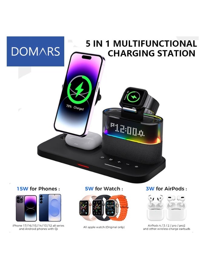 Domars 5 in 1 Wireless Charging Station, 23W Wireless Charger with Alarm Clock Night Light for Multiple Devices, Magnetic Charger Stand for iPhone 17/16/15/14/13 Series and AirPods, Apple Watch Series, Black - Image 1