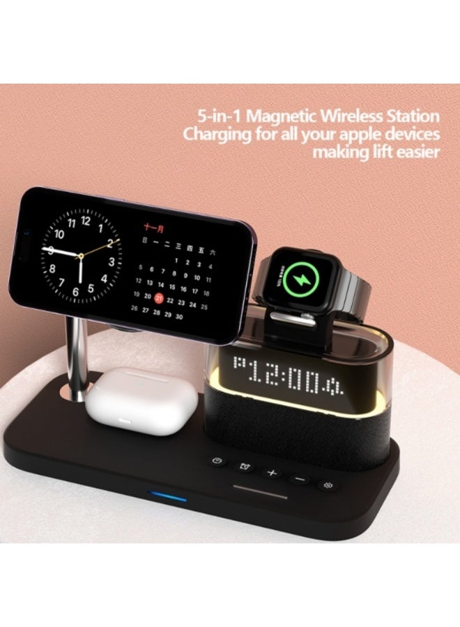 Domars 5 in 1 Wireless Charging Station, 23W Wireless Charger with Alarm Clock Night Light for Multiple Devices, Magnetic Charger Stand for iPhone 17/16/15/14/13 Series and AirPods, Apple Watch Series, Black - Image 4