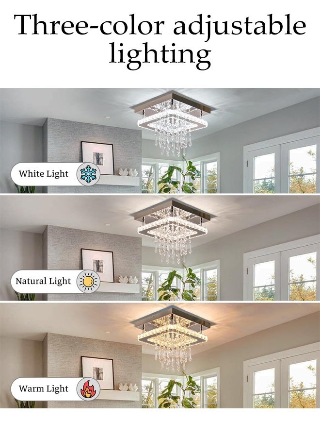 DUNISO ضوء سقف LED، ثريات كريستالية حديثة، ضوء سقف كريستالي مربع، مصباح سقف كريستالي بتصميم قطرات المطر K9، تدرج ثلاثي الألوان، قوي ودائم، مناسب لغرفة النوم، الممر، البار، المطبخ، الحمام، القطر 25 سم - Image 4