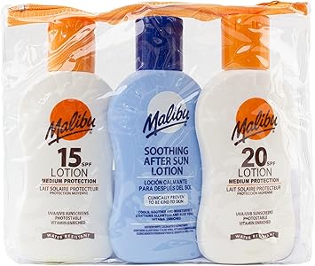 Malibu Sun Travel Essentials with Suncream Protection and Soothing Aftersun Lotion Water Resistant SPF 15 and 20 Multipack 3 x 100ml - Image 1